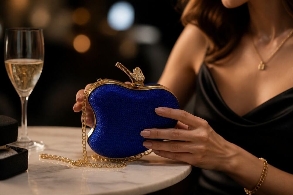 Blue Rhinestone Apple Clutch Purse Crystal Evening Bag Gold Chain Crossbody